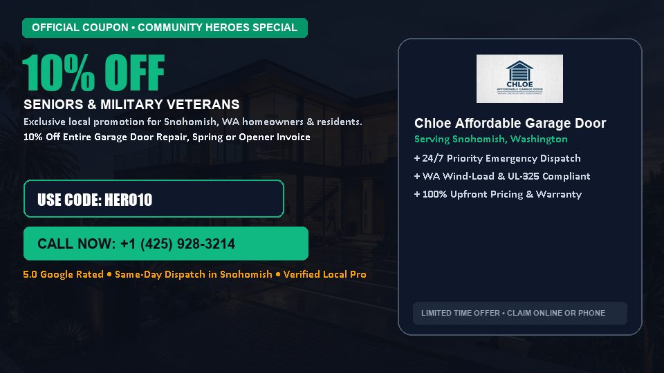 Chloe Affordable Garage Door 10% OFF Seniors & Military Veterans in Snohomish, WA